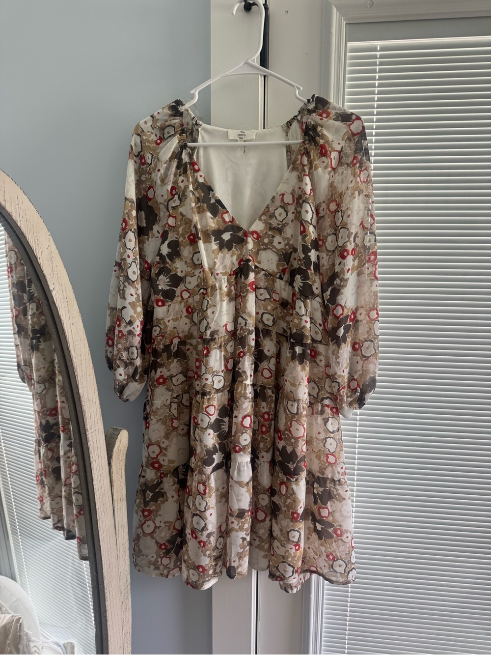 entro Floral V-Neck Tiered Dress in Cream, Brown, and Red